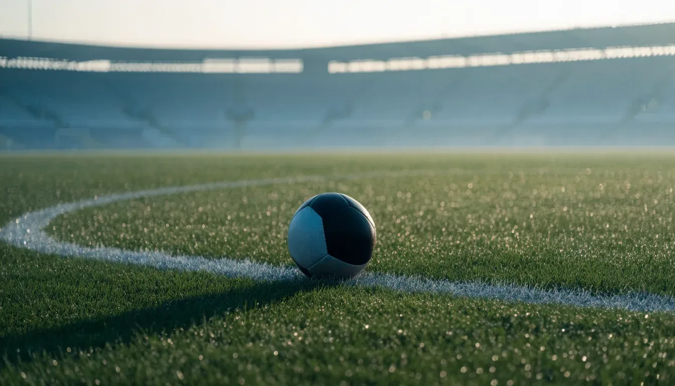Ein einzelner Fussball liegt auf dem Anstosspunkt eines leeren Rasenplatzes am frühen Morgen, Tau glitzert auf dem Gras, die Tribüne liegt im Dunst.