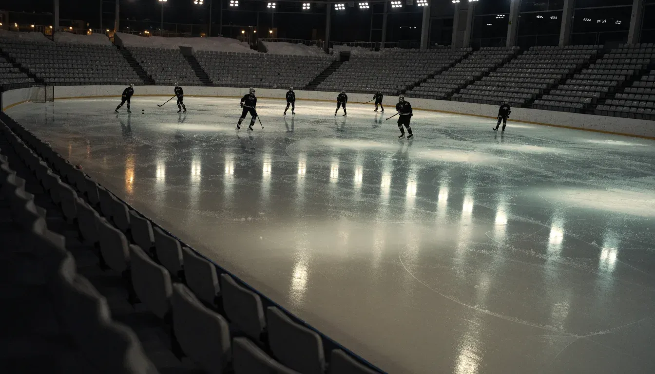 Eine Eishalle von Weitem unter Flutlicht, die leere Eisfläche glänzt, auf den Rängen sitzt niemand, draussen liegt Schnee.