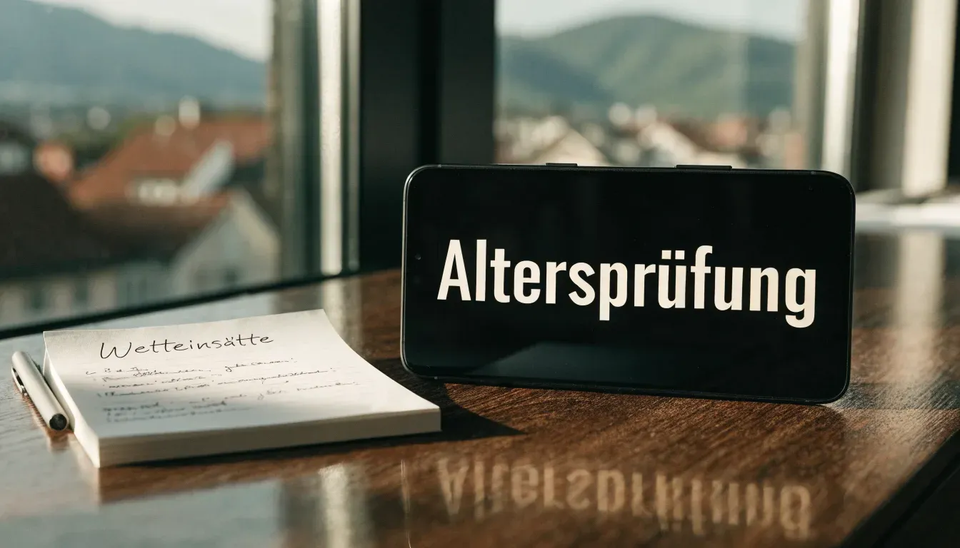 Eine Waage aus Messing steht auf einem polierten Schreibtisch vor einem Fenster mit Blick auf Dächer und sanfte Hügel.