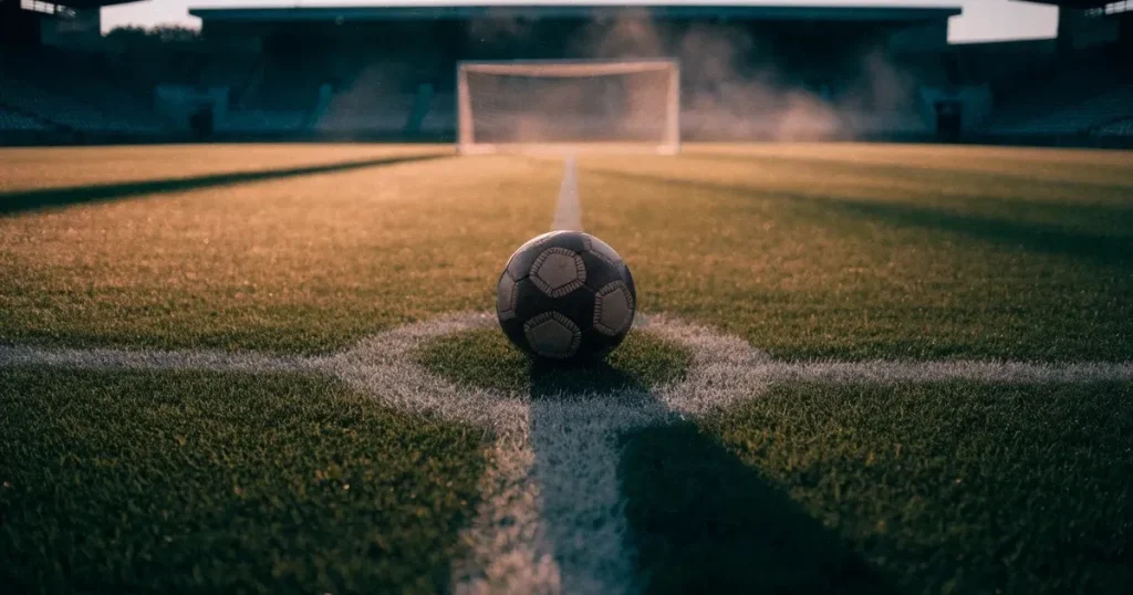 Ein Fussball liegt auf dem Mittelkreis eines Rasenfelds, die weissen Linien kreuzen sich auf dem gepflegten Gras im warmen Abendlicht.
