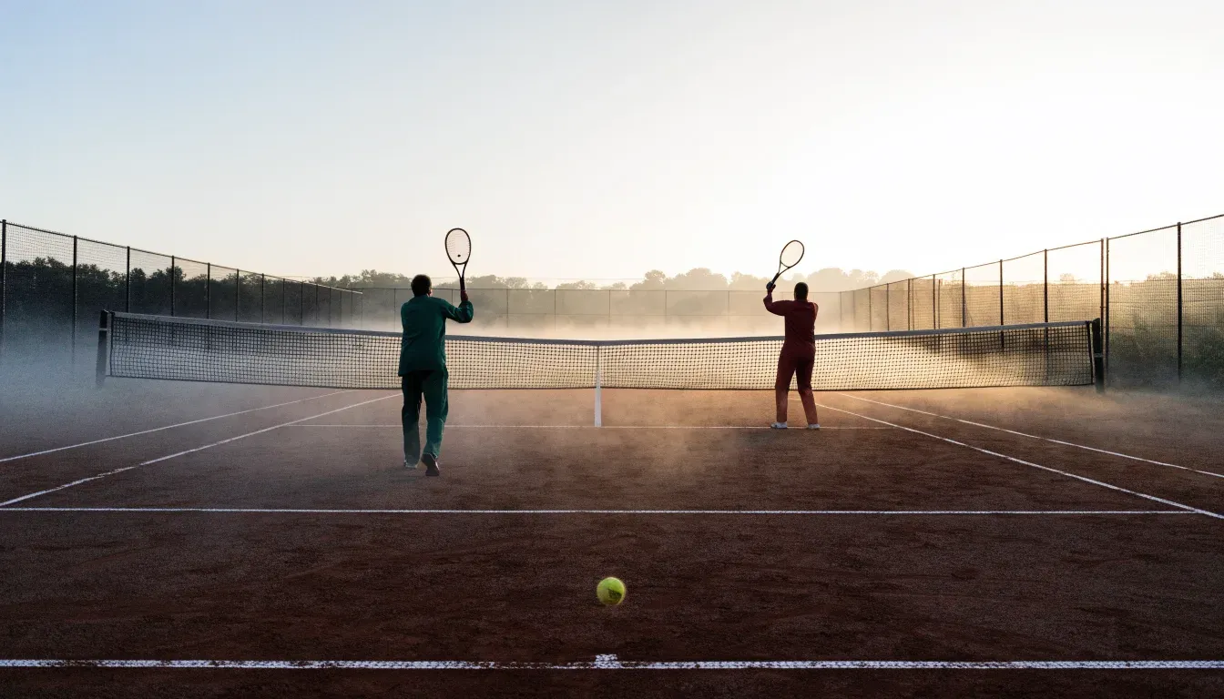 Ein Tennisplatz bei Sonnenaufgang, die Linien frisch gezogen, das Netz in der Mitte und Nebel über dem Boden.