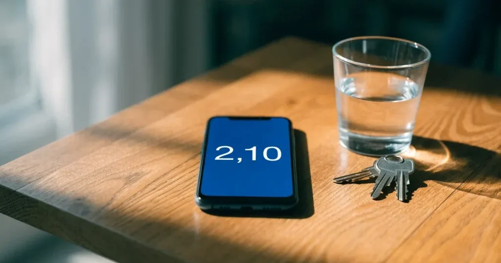 Ein Smartphone mit schwarzem Display liegt auf einem Holztisch neben einem Glas Wasser und einem Schlüsselbund.