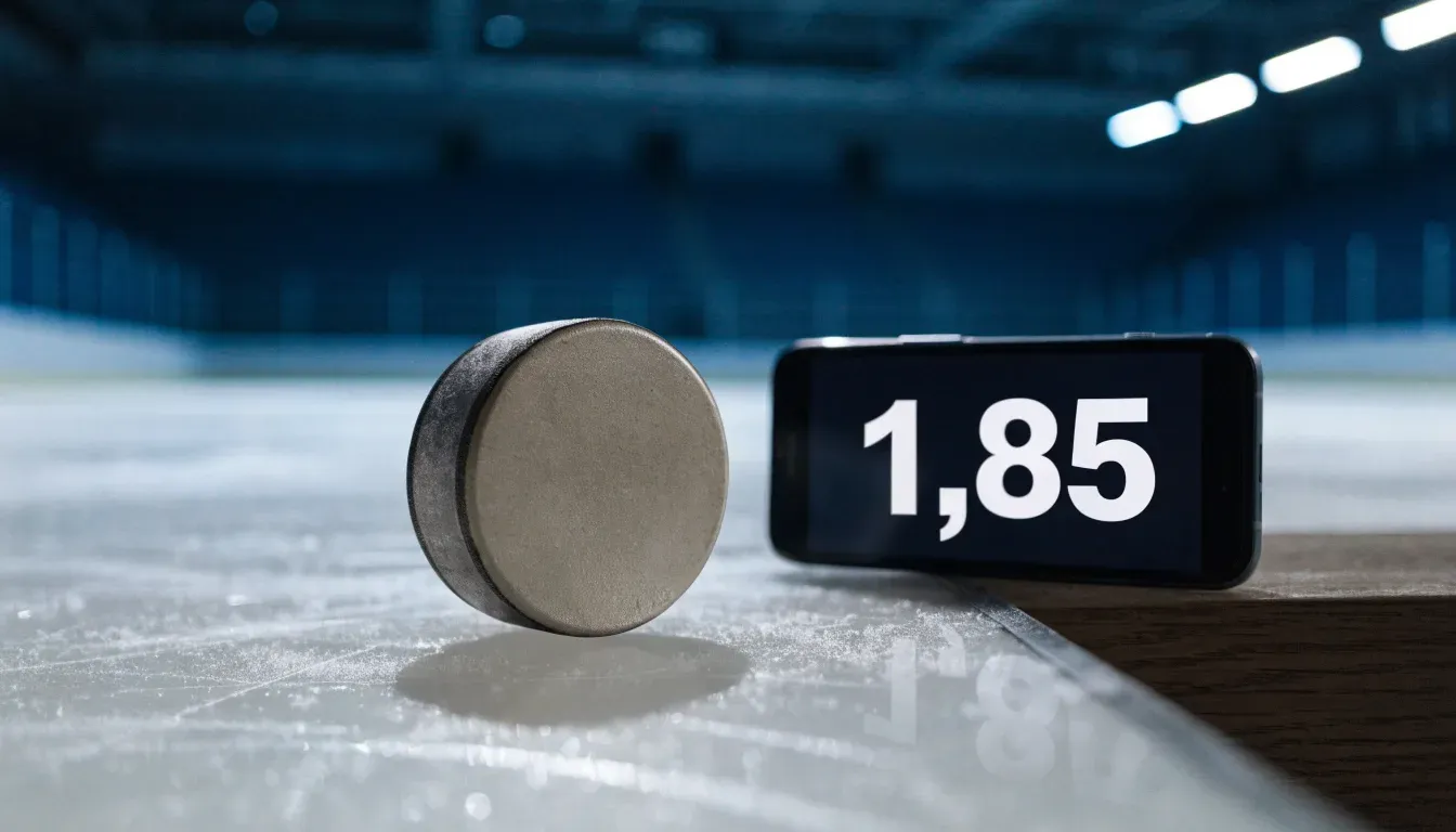 Ein Eishockeypuck liegt auf dem Eis, im Hintergrund unscharf die Bande unter hellem Hallenlicht.