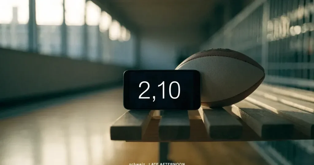 Fünf Sportbälle verschiedener Sportarten stehen in einer Reihe auf einer Holzbank in einer Turnhalle, Licht fällt durch hohe Fenster.