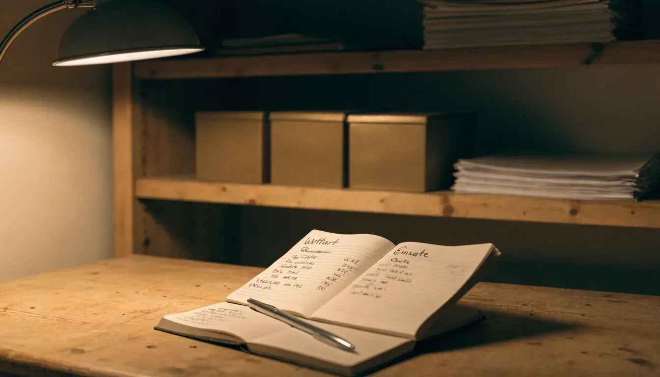 Ein alter Holztresen mit einem Notizbuch und einem Taschenrechner in warmem Lampenlicht, Regale im Hintergrund.
