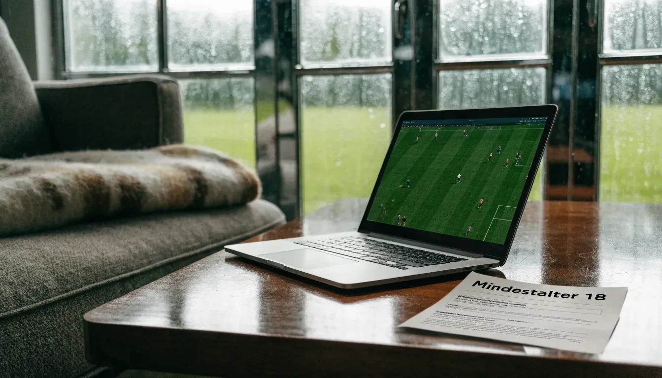 Ein Sofa mit Wolldecke steht vor einem grossen Fenster, draussen Regen und in der Ferne ein Fussballplatz.