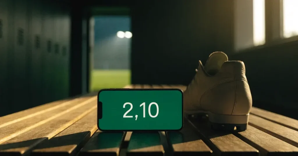 Eine Reihe Sportschuhe steht auf einer Bank in einer Umkleide, Licht fällt aus einem hohen Fenster.