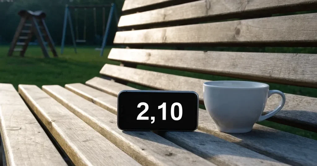 Ein Smartphone mit dunklem Display liegt auf einer Parkbank, daneben ein Kaffeebecher, im Hintergrund ein Spielplatz.