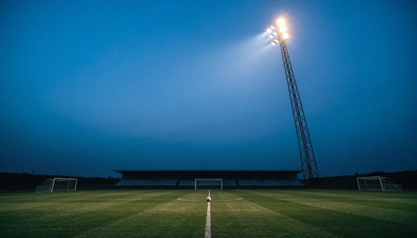 Ein Flutlichtmast ragt in den Abendhimmel, die Rasenfläche darunter liegt leer und dunkelgrün da.