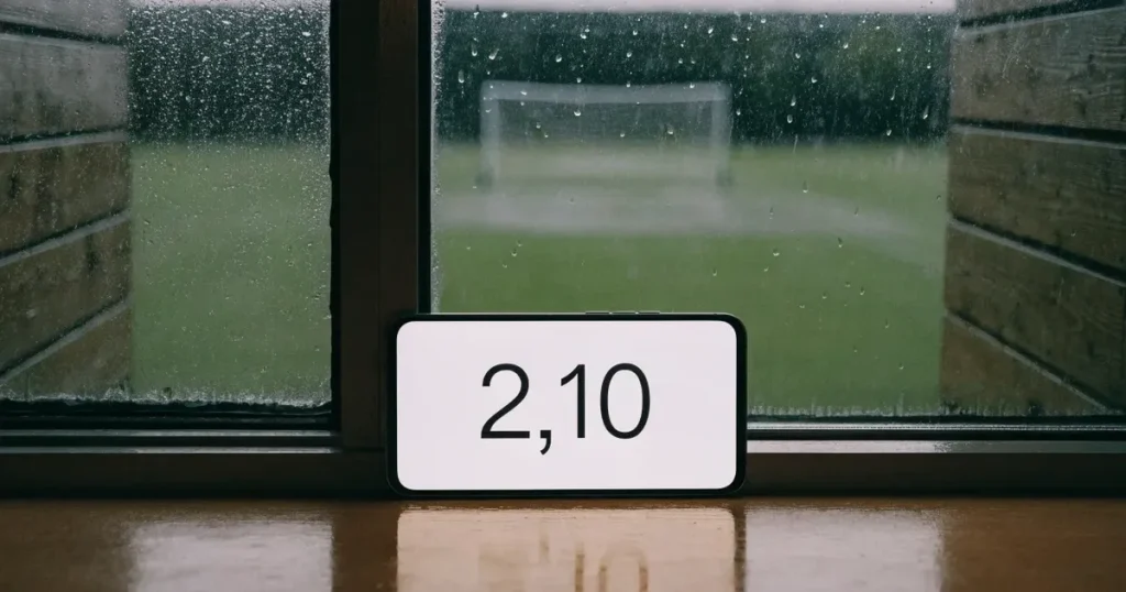 Ein Wetterbarometer hängt an einer Holzwand neben einem Fenster, draussen liegt ein nasser Fussballplatz im Regen.