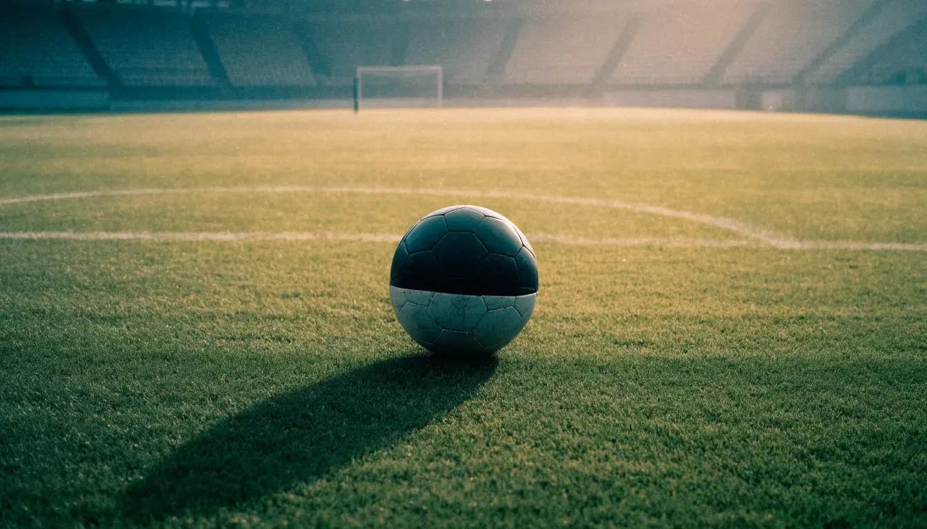 Ein Fussball liegt auf dem Anstosspunkt eines leeren Rasenplatzes im frühen Morgenlicht, dahinter erhebt sich eine menschenleere Tribüne.