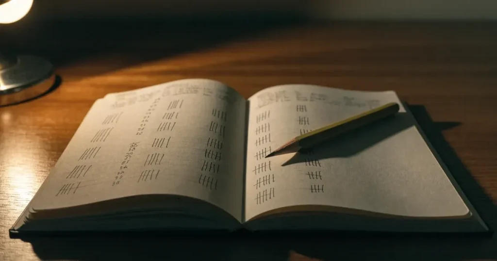 Ein aufgeschlagenes Notizbuch mit handschriftlichen Strichlisten und Spalten liegt neben einem Bleistift auf einem Holztisch im warmen Licht einer Schreibtischlampe.