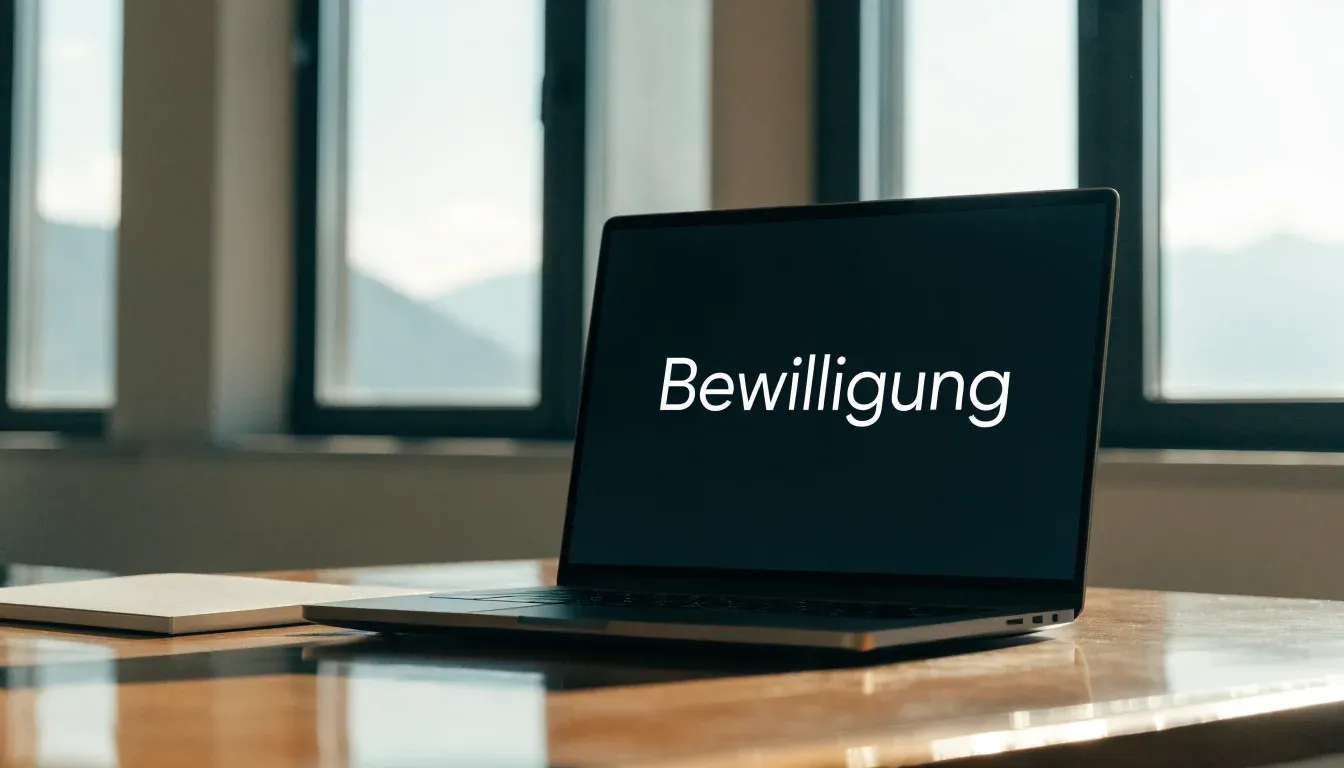 Eine Waage aus Messing steht auf einem polierten Schreibtisch in einem hellen Büro, durch das Fenster sind ferne Berge zu sehen.