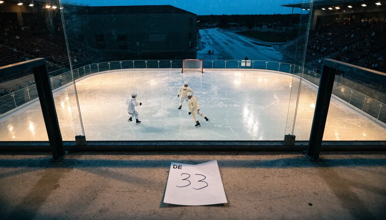Ein grosses Eisstadion aus der Ferne gesehen, hell erleuchtet von Flutlicht in der Abenddämmerung, davor eine leere Strasse.