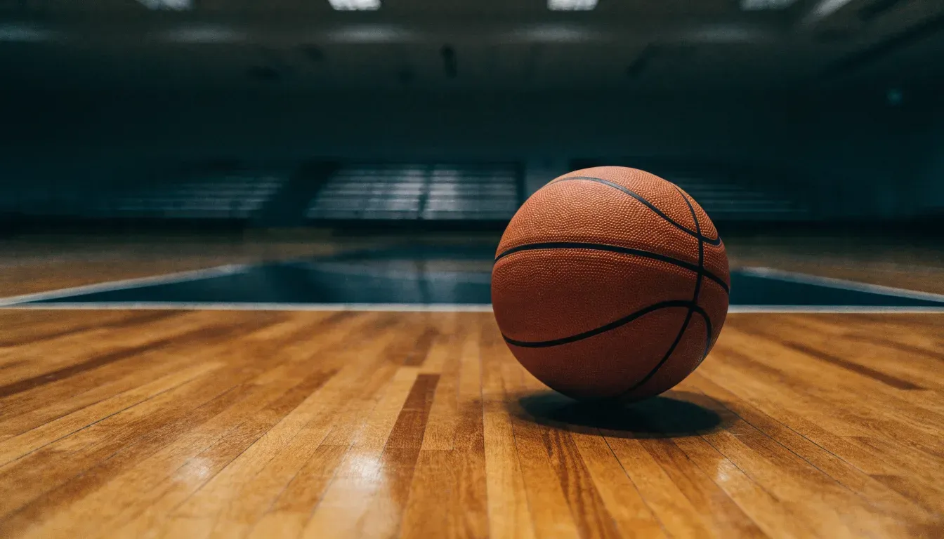 Ein Basketball liegt auf dem Parkett einer leeren Halle, von den Deckenlampen fällt gleichmässiges Licht auf den Boden.