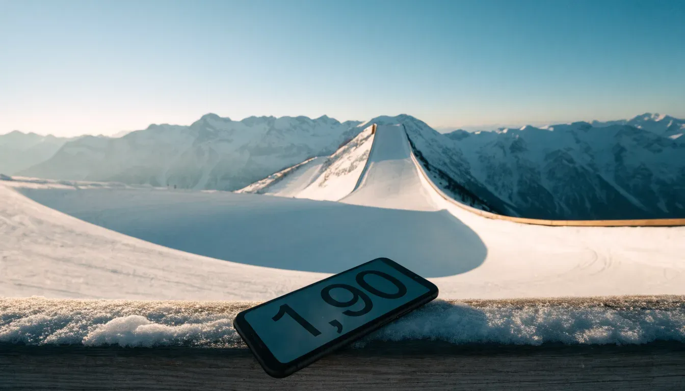 Eine Skisprungschanze erhebt sich vor verschneiten Bergen im Morgenlicht, die Hänge sind unberührt und ruhig.