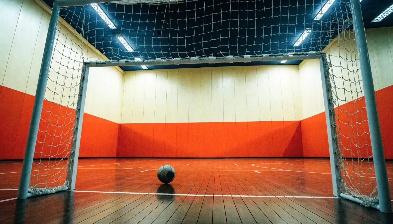 Ein Handballtor in einer leeren Sporthalle, der Ball liegt im Torraum und das Hallenlicht spiegelt sich im Parkett.