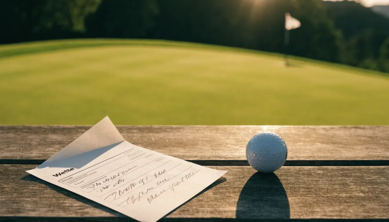 Ein Golfball liegt auf einem gepflegten Grün nahe am Loch, im goldenen Licht der Abendsonne.