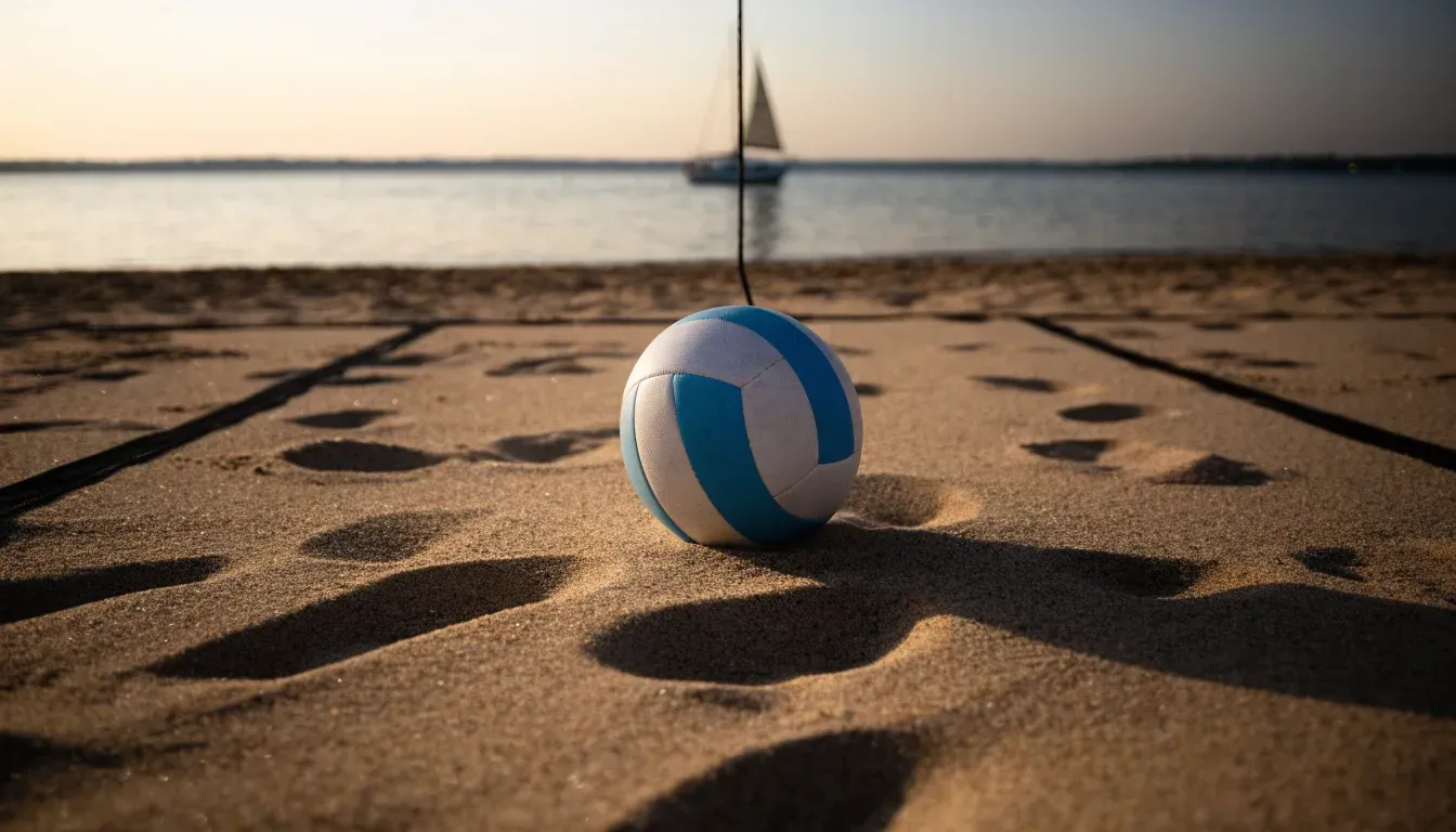 Ein Volleyball liegt im Sand eines Spielfelds am Seeufer, im Hintergrund gleitet ein Boot über das Wasser.