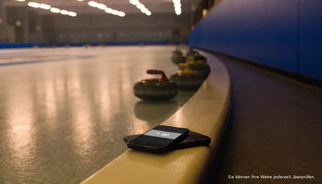 Mehrere Curlingsteine liegen auf einer glatten Eisfläche in einer leeren Halle, Deckenlicht spiegelt sich im Eis.