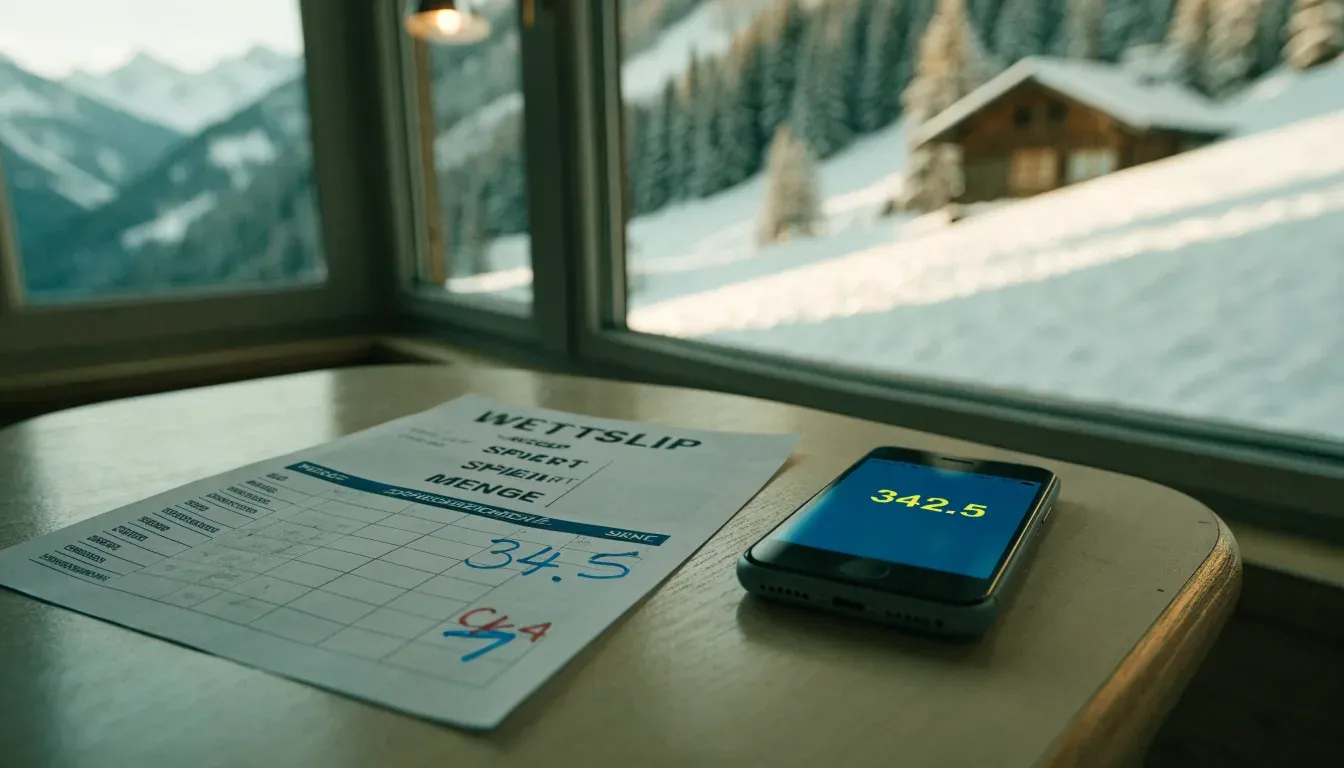 Ein Paar Ski steckt aufrecht im Schnee vor einer Berghütte, im Hintergrund färbt der Sonnenaufgang die Gipfel.
