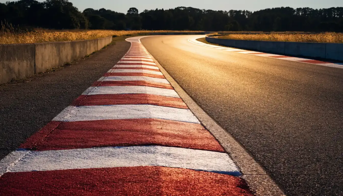 Eine leere Rennstrecke mit rot-weissen Randsteinen im Licht der untergehenden Sonne, Asphalt und Wiese im Gegenlicht.