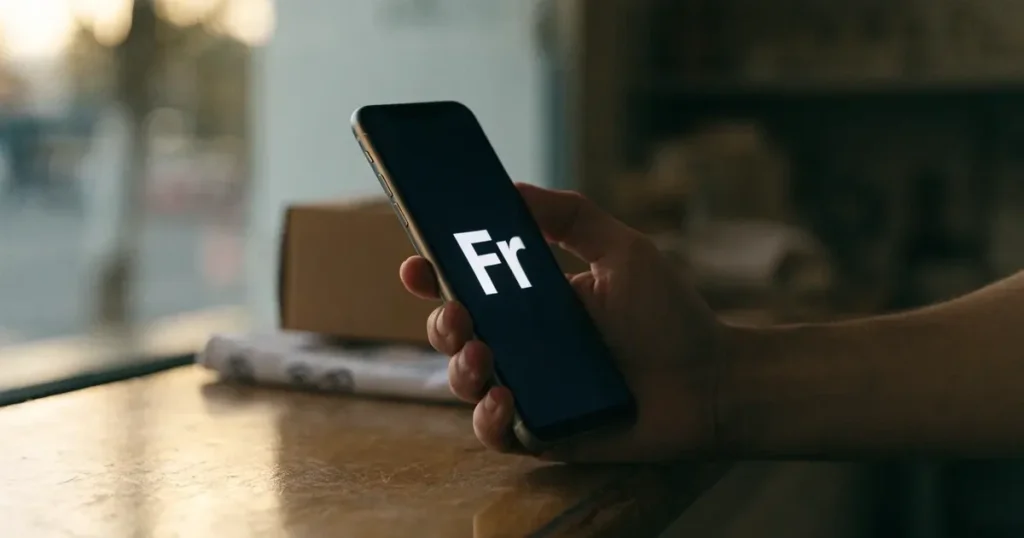 Eine Hand hält ein Smartphone mit dunklem Display knapp über eine hölzerne Ladentheke in einem kleinen Geschäft.