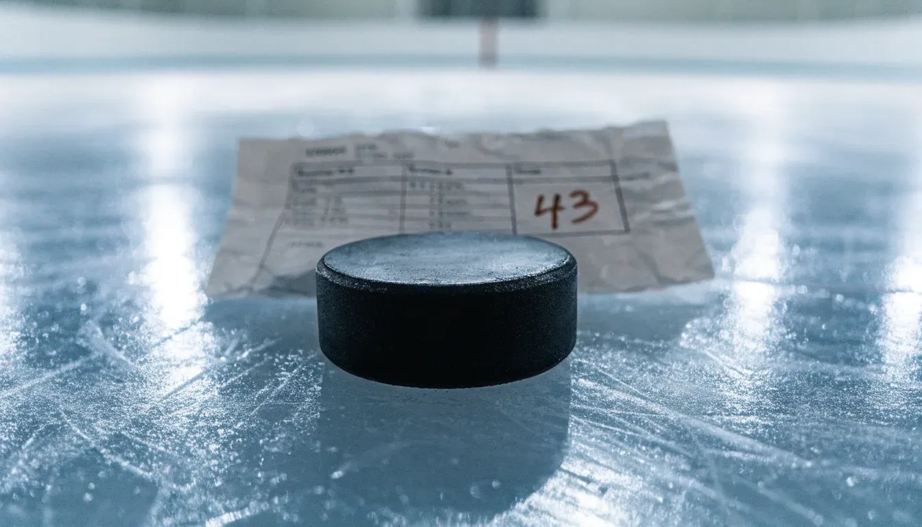 Ein Eishockeypuck liegt in Grossaufnahme auf der Eisfläche, feine Kratzer im Eis glänzen im hellen Hallenlicht.