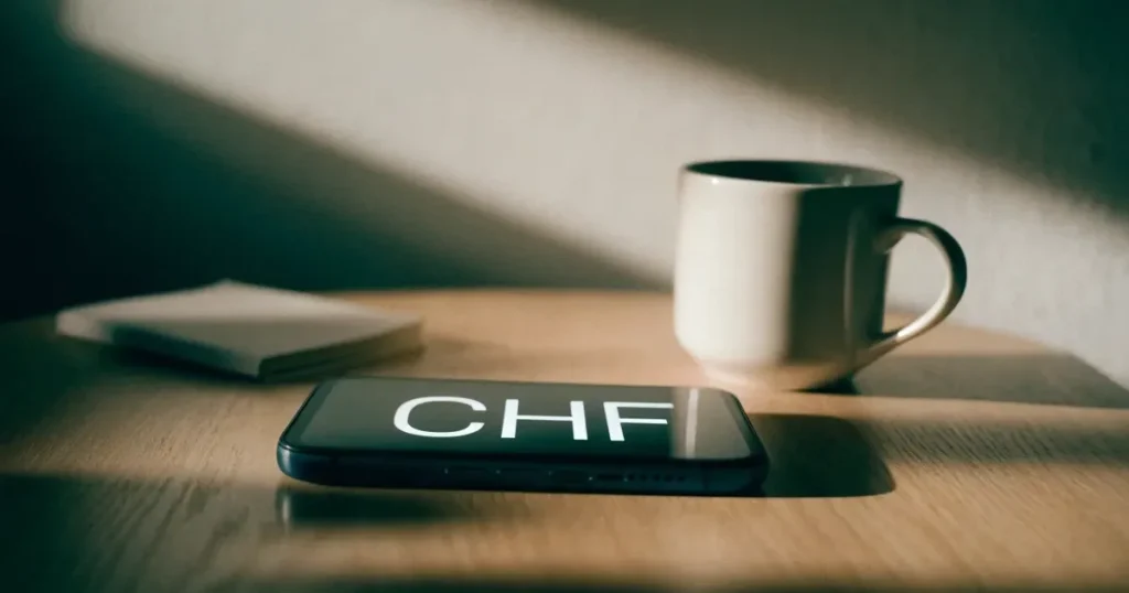 Ein Smartphone mit dunklem Display liegt auf einem hellen Holztisch neben einer Kaffeetasse, Morgenlicht fällt schräg durch ein Fenster.