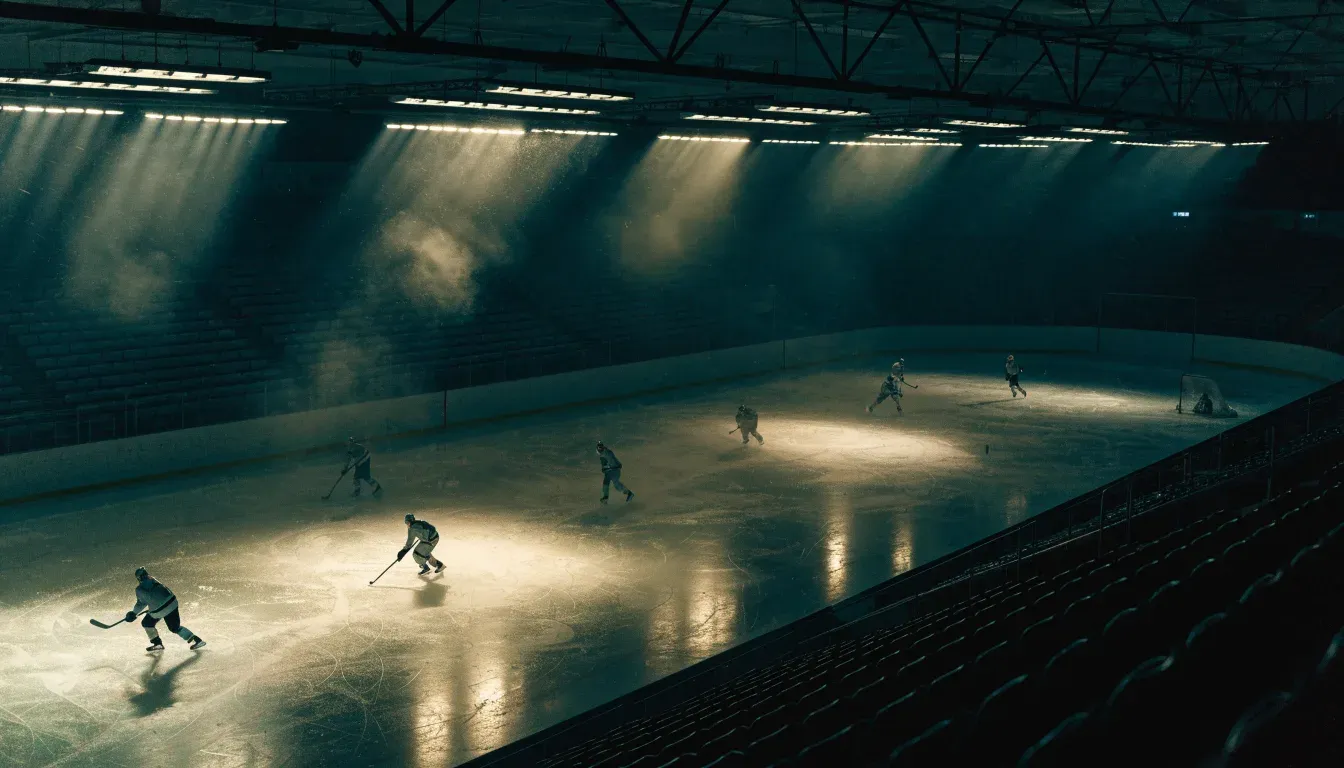 Eine Eishockeybahn liegt unter Flutlicht aus der Ferne betrachtet, leichter Schneefall treibt durch den Lichtkegel über dem Eis.