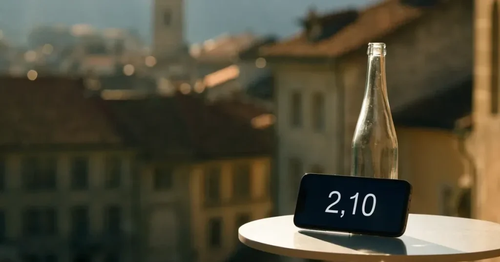 Ein Smartphone mit dunklem Display lehnt an einer Glasflasche auf einem Balkontisch, dahinter liegt eine Altstadt in der Abendsonne.
