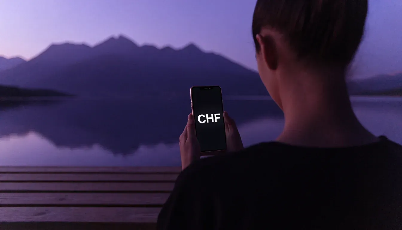 Eine Holzbank steht in der Dämmerung am Seeufer, im Hintergrund zeichnet sich ein Bergpanorama gegen den violetten Himmel ab.