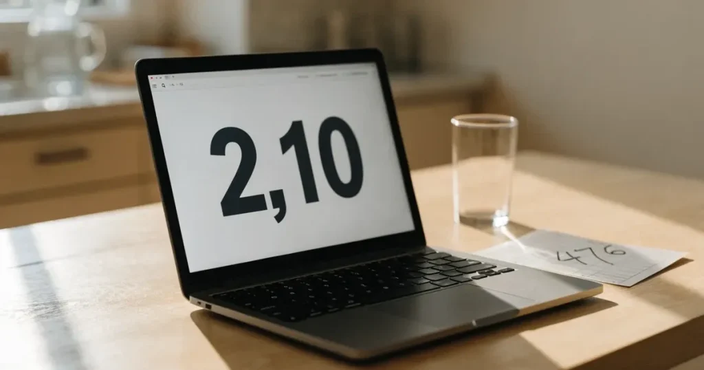 Ein geschlossener Laptop steht auf einem Küchentisch neben einem Wasserglas, durch das Fenster dahinter fällt weiches Tageslicht.