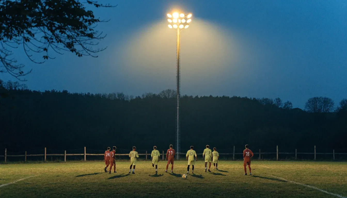 Ein kleiner Dorf-Fussballplatz liegt in der Dämmerung unter einem hohen Flutlichtmast, am Spielfeldrand steht ein Holzzaun.
