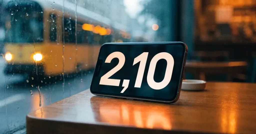 Ein Café-Tisch am Fenster trägt ein Smartphone mit dunklem Display, an der Scheibe laufen Regentropfen herunter und draussen steht eine Tram.