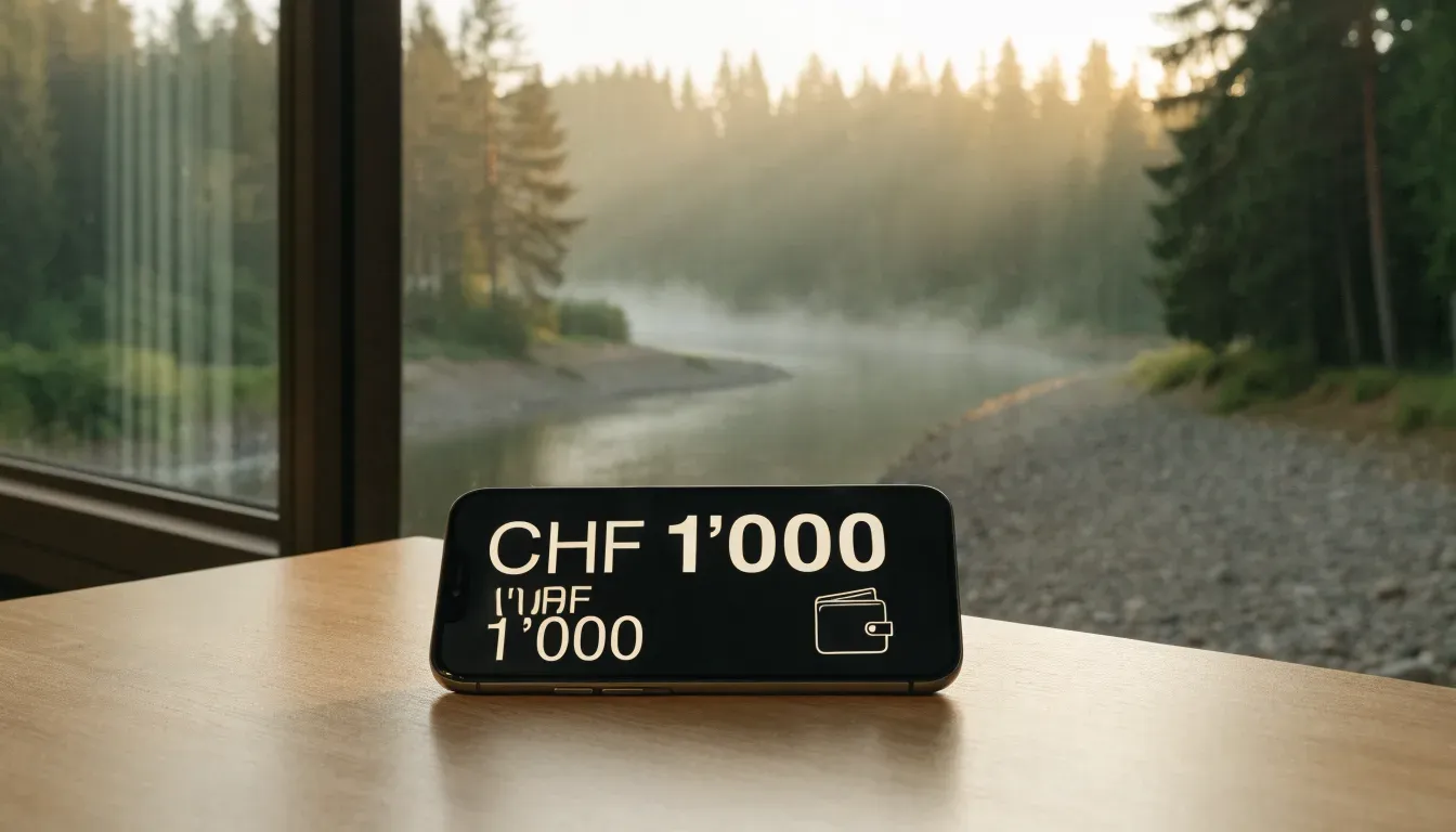 Ein Fluss mit breiter Kiesbank fliesst durch einen Wald, über dem Wasser hängt früher Nebel und Sonnenstrahlen brechen durch.