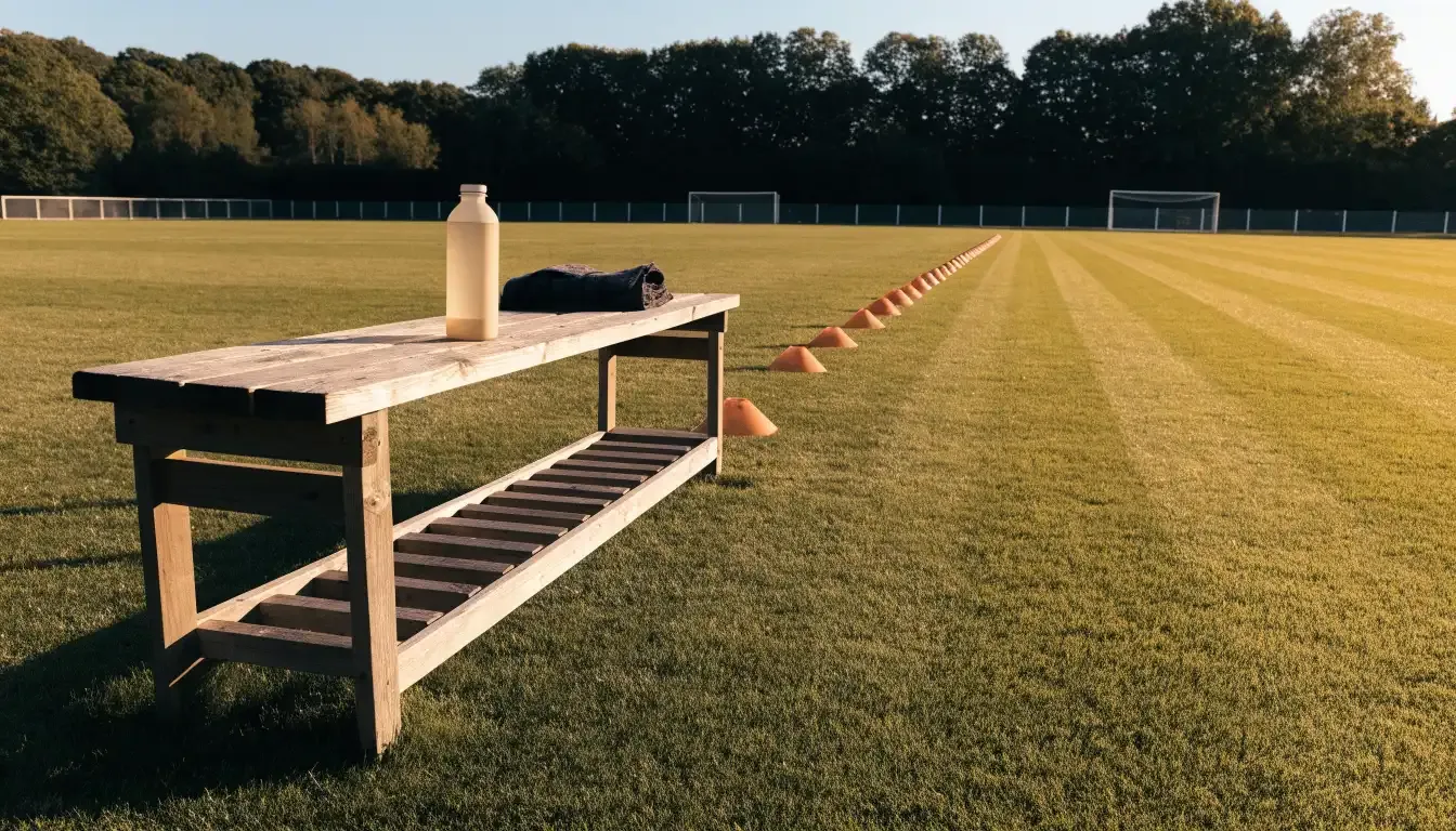 Ein Trainingsplatz zeigt eine Ersatzbank mit Trinkflasche und eine Reihe oranger Hütchen auf frisch gemähtem Rasen im Spätnachmittagslicht.