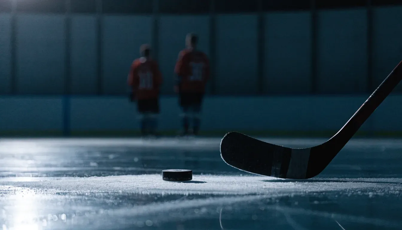 Ein Eishockeypuck liegt auf der Eisfläche neben dem Blatt eines Schlägers, die Bande dahinter ist im Dunkeln nur schwach zu erkennen.