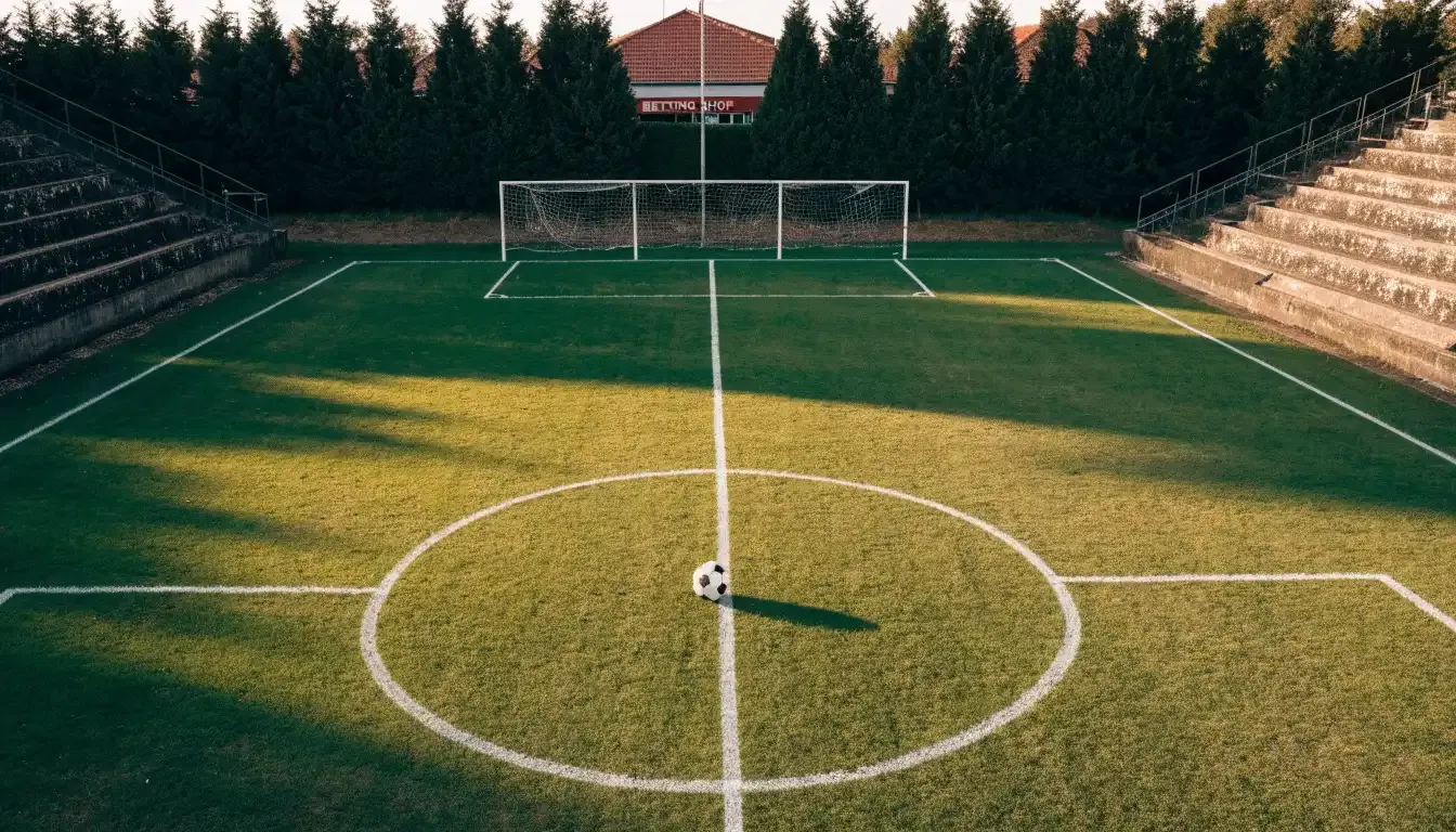 Ein Rasenplatz mit Spielfeldlinien ist von oben gesehen, ein einzelner Ball liegt in der Mitte, rundherum stehen leere Tribünen und Tannenwald.