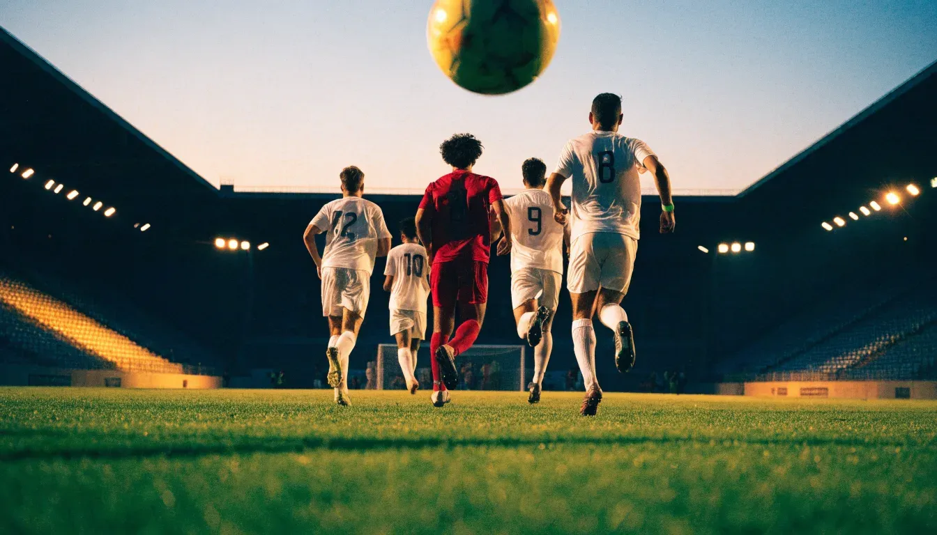 Leere Tribünenränge eines Fussballstadions in der Abenddämmerung, über dem Rasen leuchten die Flutlichter.