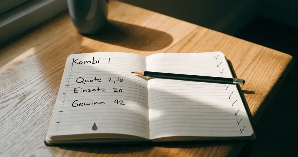 Ein aufgeschlagenes Notizbuch mit handschriftlichen Notizen und ein gespitzter Bleistift liegen auf einem hellen Holztisch im Morgenlicht.