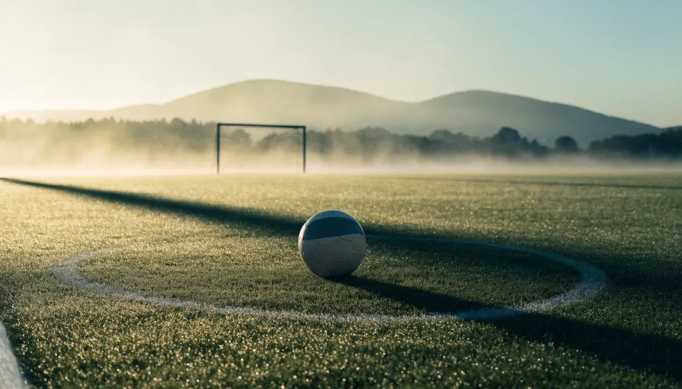 Ein Fussball liegt am frühen Morgen auf dem Anstosspunkt eines taunassen Rasens, im Hintergrund erheben sich Hügel im Dunst.
