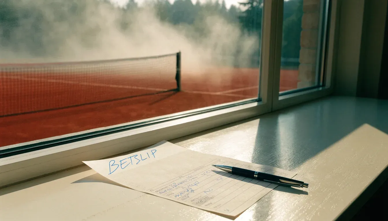 Ein Tennisplatz im Morgengrauen mit gespanntem Netz und feinem Dunst über der roten Asche.