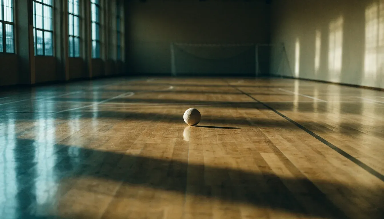 Der Boden einer Sporthalle aus poliertem Parkett mit einem einzelnen Handball in der Mitte, Licht fällt durch hohe Fenster.
