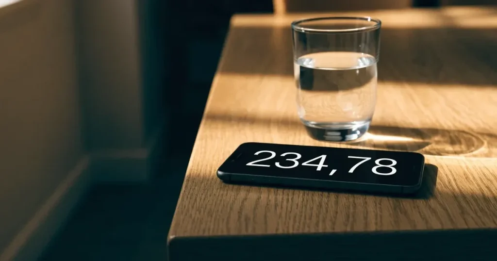 Ein Smartphone liegt mit dem Display nach unten auf einem Holztisch neben einem Wasserglas.