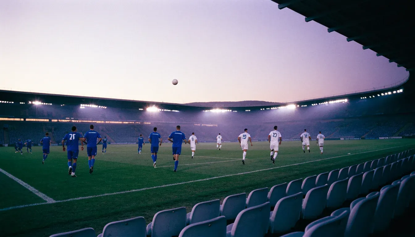 Die Silhouette eines Stadiondachs vor dem violetten Abendhimmel, dahinter eine Hügelkette.