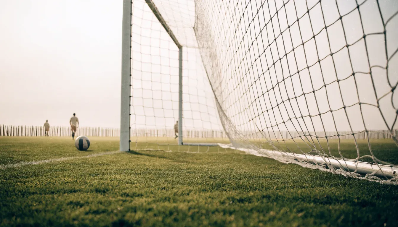Ein Fussballtor mit locker hängendem Netz auf einem Trainingsplatz, das sich leicht im Wind bewegt.