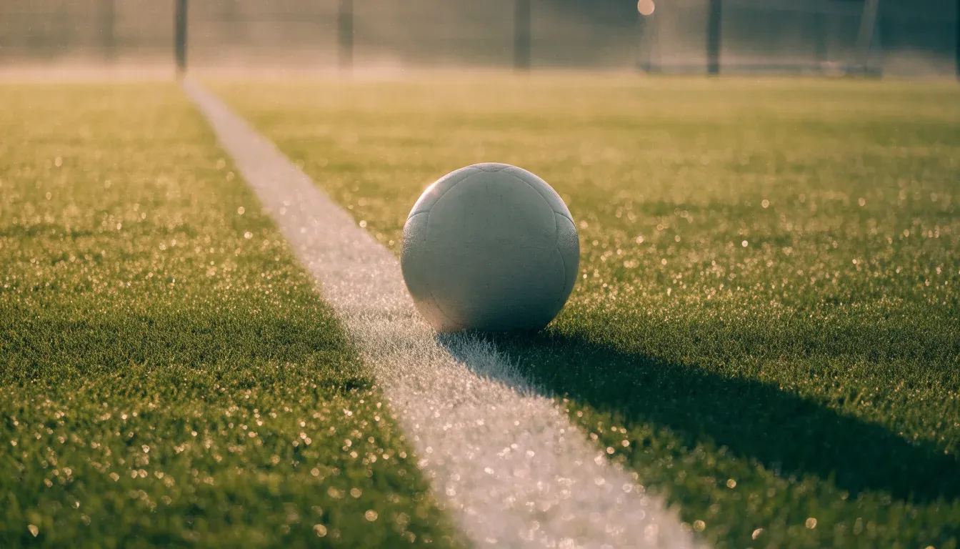 Ein Fussball ruht an der Seitenlinie im taufeuchten Gras, die ersten Sonnenstrahlen fallen schräg über den Platz.