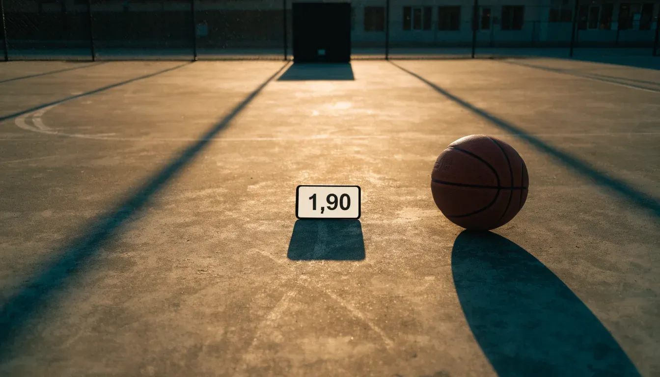 Ein Basketball liegt bei Sonnenuntergang auf einem leeren Aussenplatz, lange Schatten fallen über den Boden.