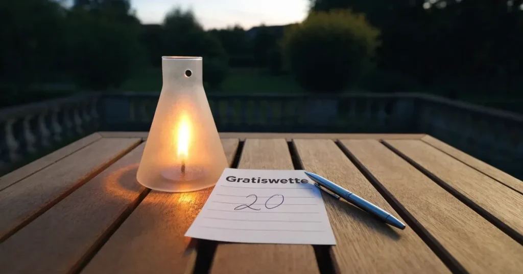 Ein leeres Wettschein-Papier und ein Kugelschreiber liegen auf einem Gartentisch auf einer Terrasse, daneben steht ein Windlicht.
